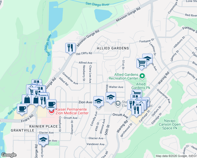 map of restaurants, bars, coffee shops, grocery stores, and more near 6812 Halifax Street in San Diego