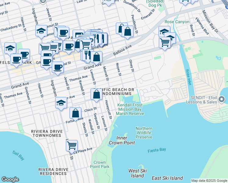 map of restaurants, bars, coffee shops, grocery stores, and more near 4092 Crown Point Drive in San Diego