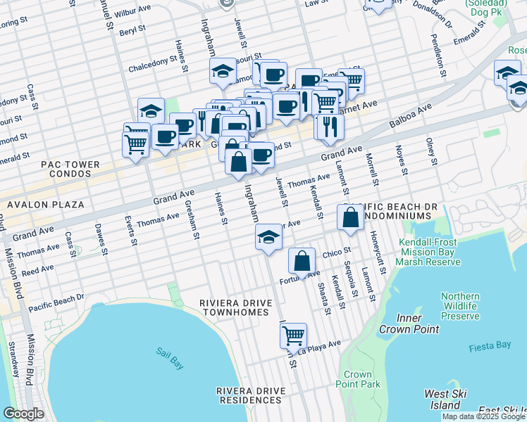 map of restaurants, bars, coffee shops, grocery stores, and more near 1649 Reed Avenue in San Diego