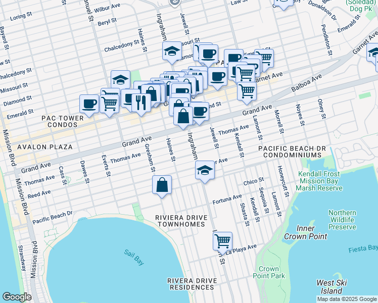 map of restaurants, bars, coffee shops, grocery stores, and more near 1572 1/2 Reed Avenue in San Diego
