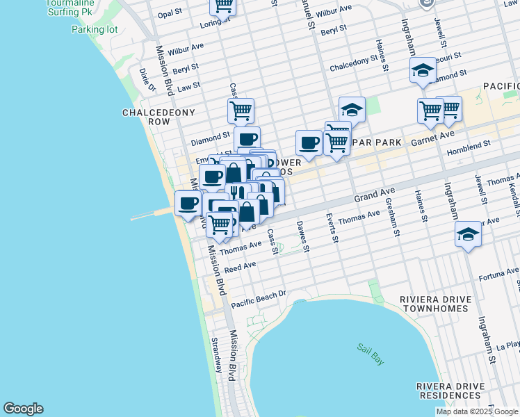 map of restaurants, bars, coffee shops, grocery stores, and more near 959 Hornblend Street in San Diego
