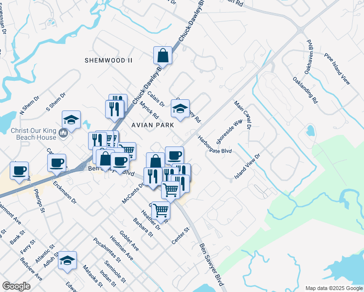 map of restaurants, bars, coffee shops, grocery stores, and more near 1084 Rifle Range Road in Mount Pleasant