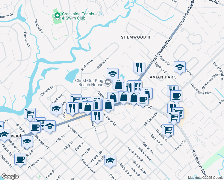 map of restaurants, bars, coffee shops, grocery stores, and more near 1178 Russell Drive in Mount Pleasant