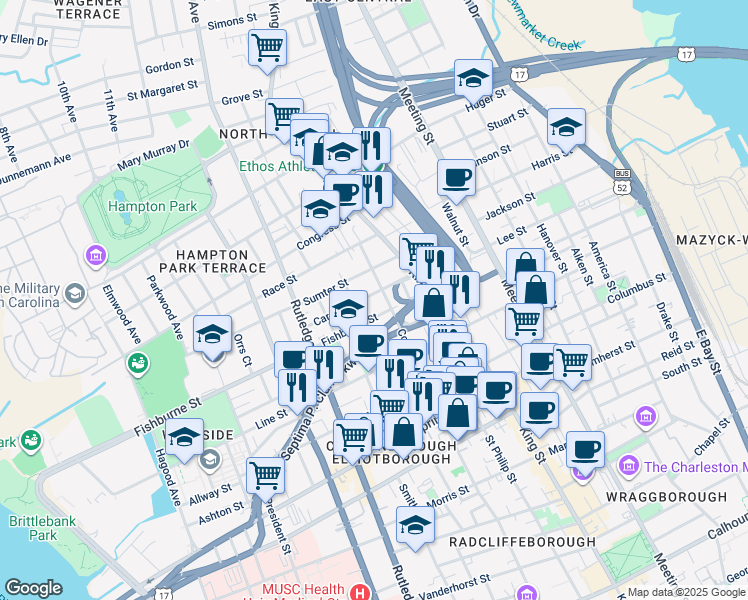 map of restaurants, bars, coffee shops, grocery stores, and more near 27 Carolina Street in Charleston