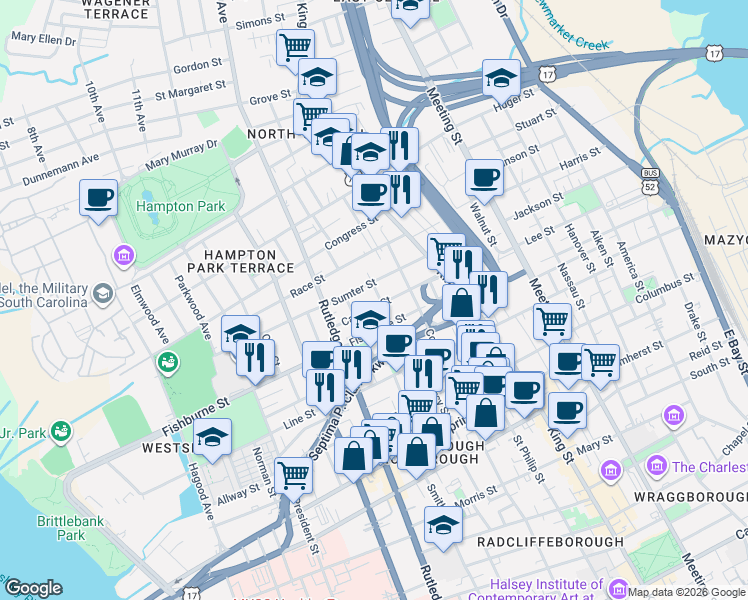 map of restaurants, bars, coffee shops, grocery stores, and more near 12 Perry Street in Charleston