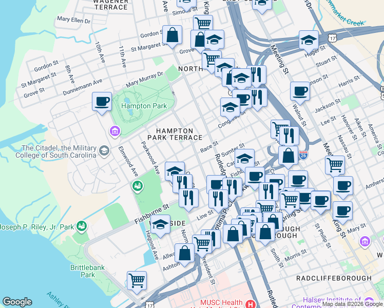map of restaurants, bars, coffee shops, grocery stores, and more near 346 Ashley Avenue in Charleston