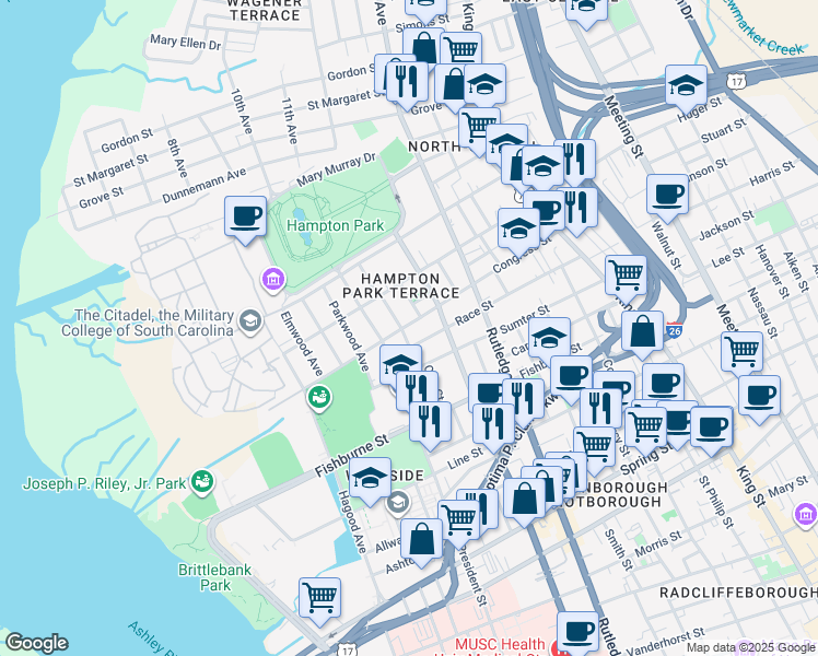 map of restaurants, bars, coffee shops, grocery stores, and more near 217 Congress Street in Charleston