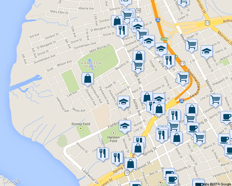 map of restaurants, bars, coffee shops, grocery stores, and more near 327 President Street in Charleston