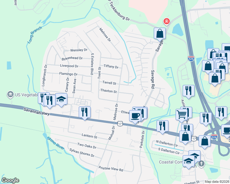 map of restaurants, bars, coffee shops, grocery stores, and more near 2405 Thaxton Street in Charleston