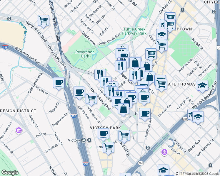 map of restaurants, bars, coffee shops, grocery stores, and more near 2900 Mc Kinnon Street in Dallas