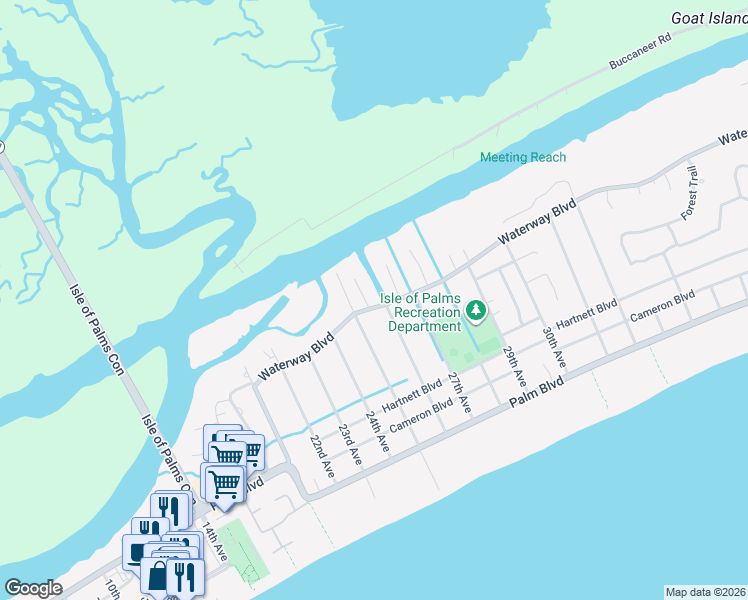 map of restaurants, bars, coffee shops, grocery stores, and more near 2 Tabby Lane in Isle of Palms