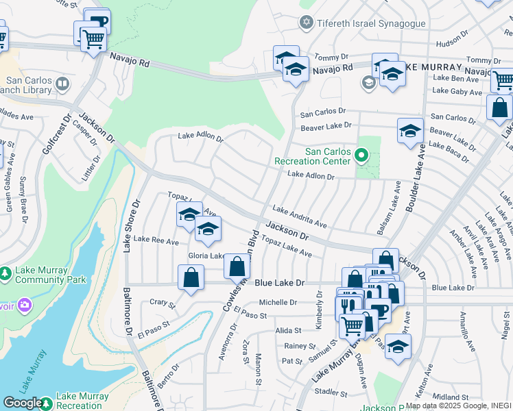 map of restaurants, bars, coffee shops, grocery stores, and more near 7881 Lake Andrita Avenue in San Diego