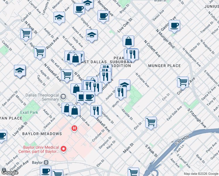 map of restaurants, bars, coffee shops, grocery stores, and more near in Dallas