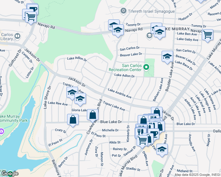 map of restaurants, bars, coffee shops, grocery stores, and more near 7920 Lake Andrita Avenue in San Diego