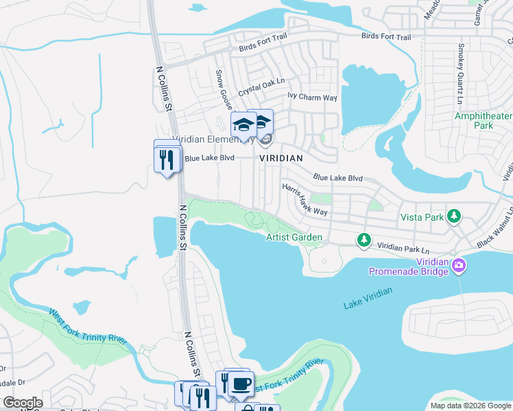 map of restaurants, bars, coffee shops, grocery stores, and more near 1001 Viridian Park Lane in Arlington