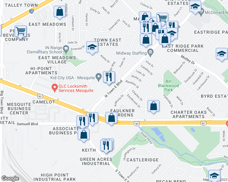 map of restaurants, bars, coffee shops, grocery stores, and more near 2136 North Town East Boulevard in Mesquite