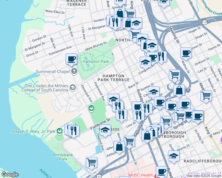 map of restaurants, bars, coffee shops, grocery stores, and more near 327 President Street in Charleston
