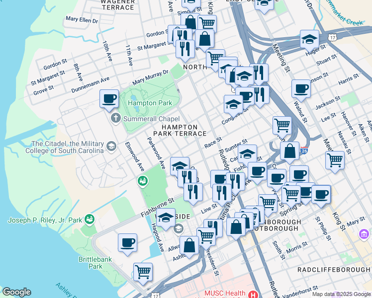 map of restaurants, bars, coffee shops, grocery stores, and more near 217 Congress Street in Charleston