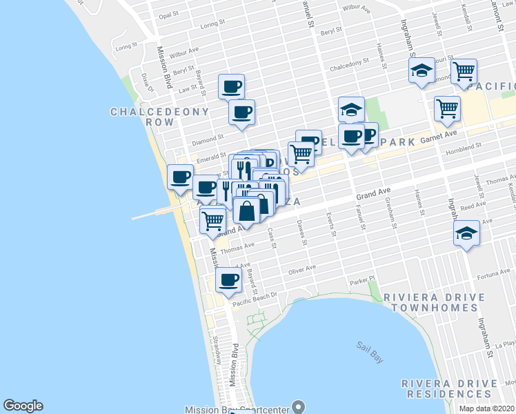 map of restaurants, bars, coffee shops, grocery stores, and more near 959 Hornblend Street in San Diego