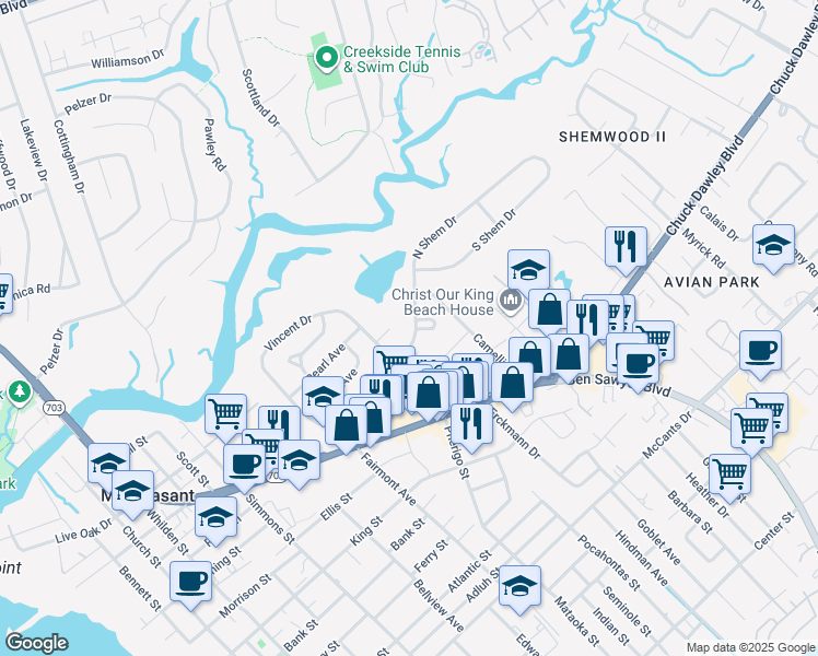 map of restaurants, bars, coffee shops, grocery stores, and more near 832 North Shem Drive in Mount Pleasant