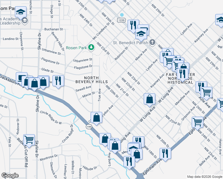 map of restaurants, bars, coffee shops, grocery stores, and more near 2917 Northwest 20th Street in Fort Worth