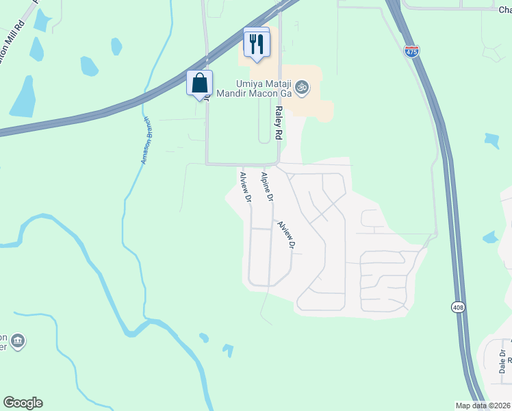 map of restaurants, bars, coffee shops, grocery stores, and more near 128 Alview Drive in Macon
