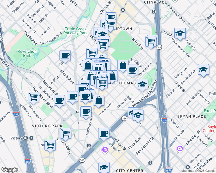 map of restaurants, bars, coffee shops, grocery stores, and more near 2600 Hibernia Street in Dallas