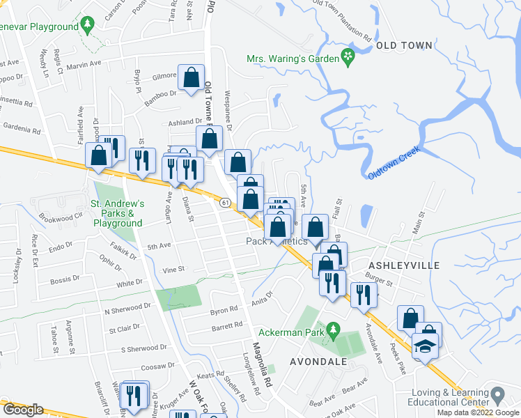 map of restaurants, bars, coffee shops, grocery stores, and more near 1114 Mazyck Street in Charleston