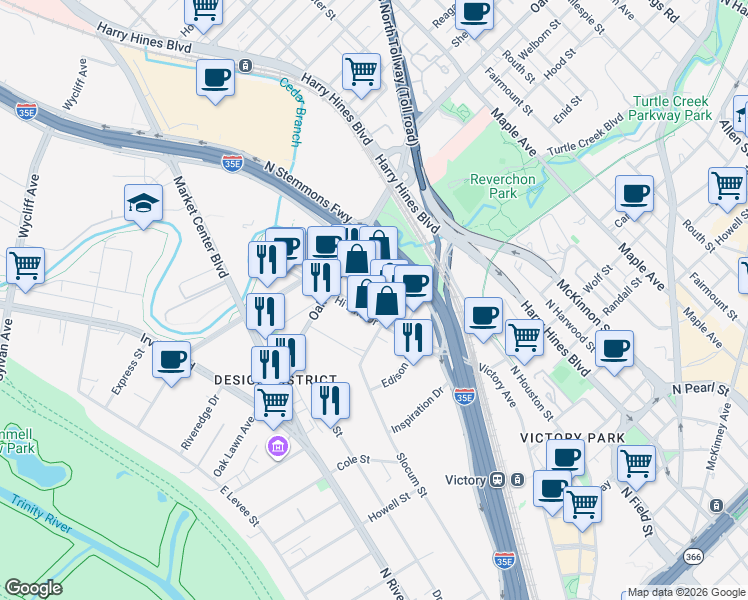 map of restaurants, bars, coffee shops, grocery stores, and more near 1532 Hi Line Drive in Dallas