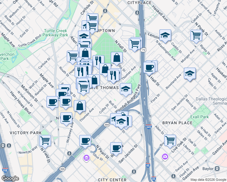 map of restaurants, bars, coffee shops, grocery stores, and more near 2203 Allen Street in Dallas