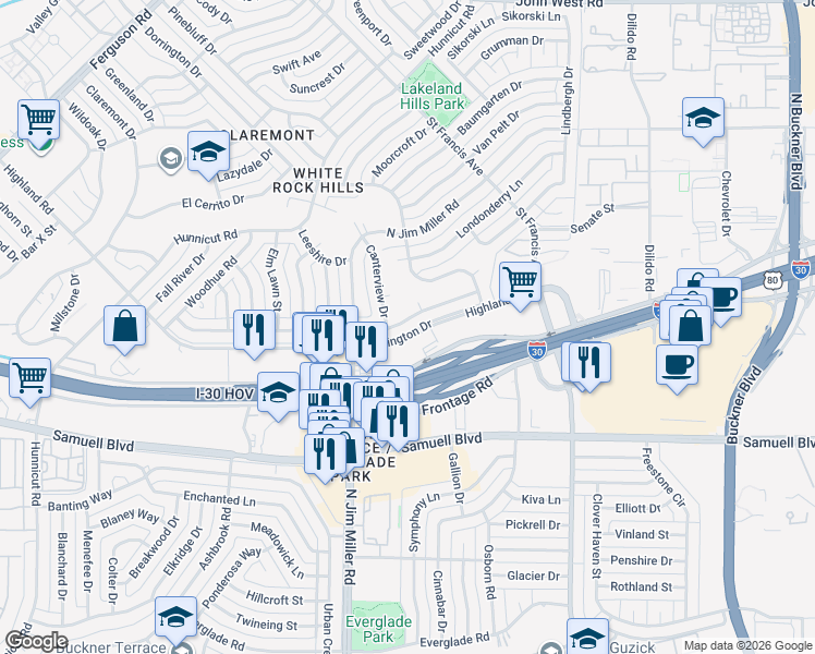 map of restaurants, bars, coffee shops, grocery stores, and more near 3218 Sharpview Lane in Dallas