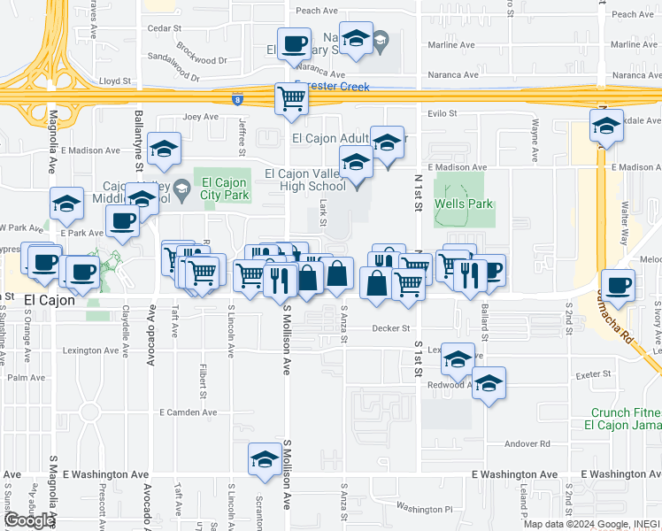 map of restaurants, bars, coffee shops, grocery stores, and more near 988 East Main Street in El Cajon