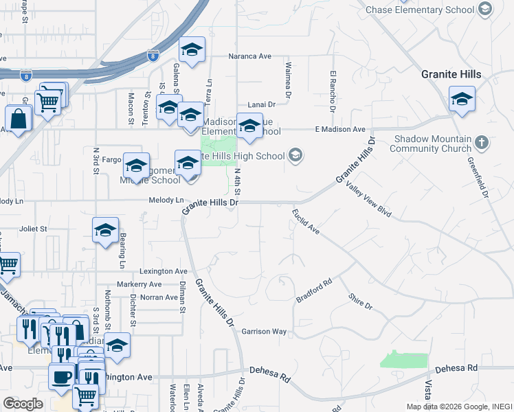 map of restaurants, bars, coffee shops, grocery stores, and more near 1307 Yannis Court in El Cajon