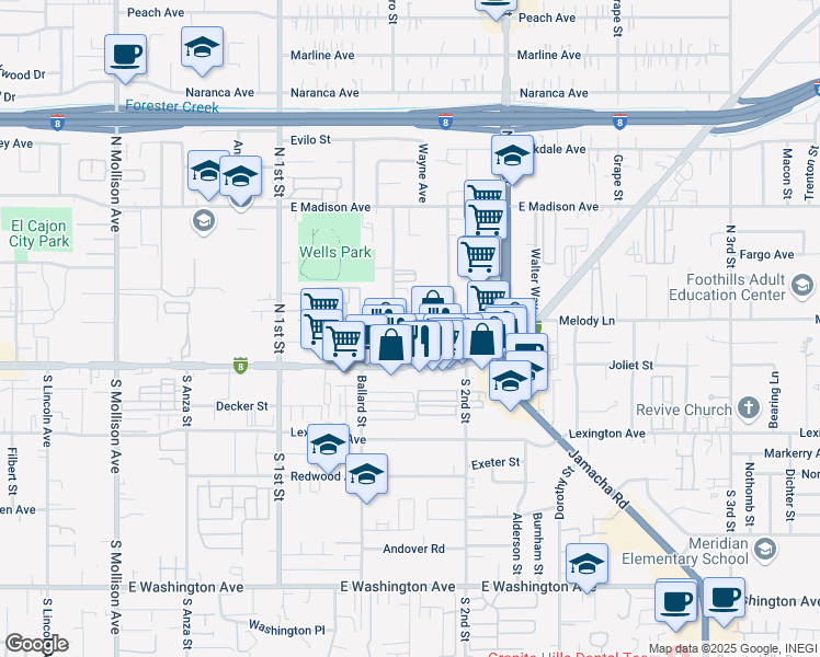 map of restaurants, bars, coffee shops, grocery stores, and more near 133 Orlando Street in El Cajon