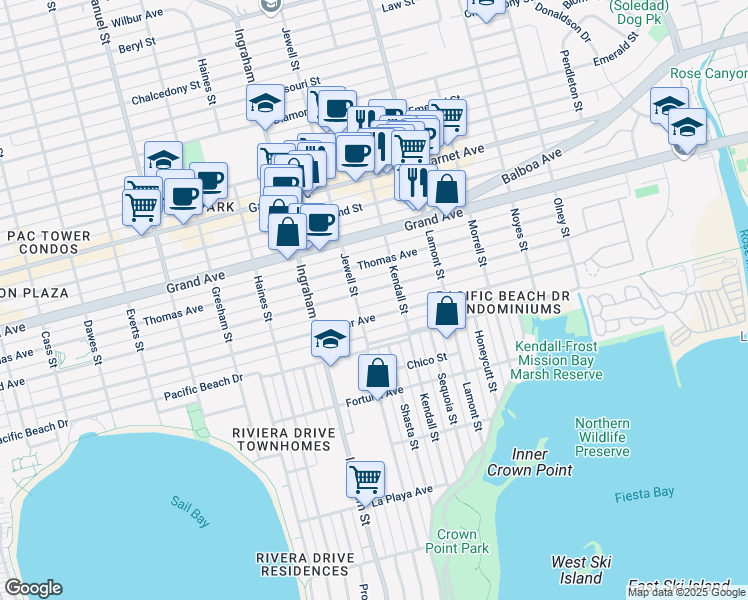 map of restaurants, bars, coffee shops, grocery stores, and more near 1732 Oliver Avenue in San Diego
