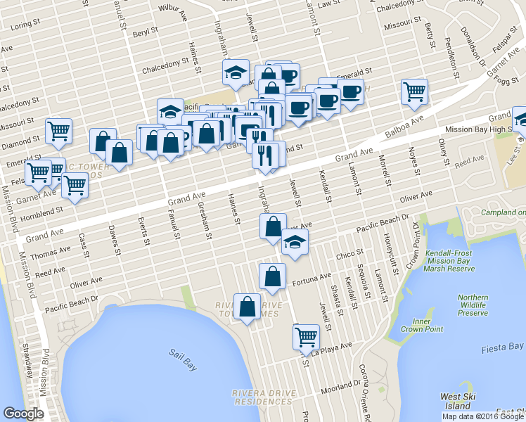 map of restaurants, bars, coffee shops, grocery stores, and more near 1572 1/2 Reed Avenue in San Diego