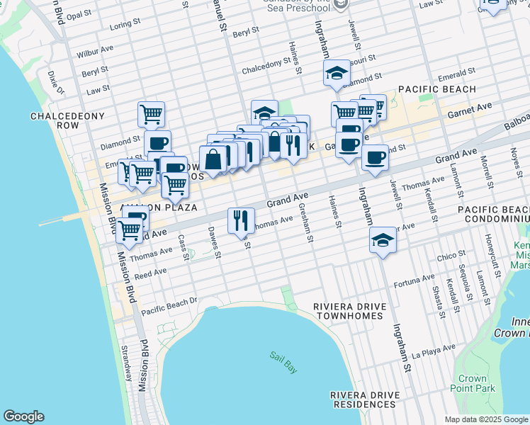 map of restaurants, bars, coffee shops, grocery stores, and more near 1258 Thomas Avenue in San Diego