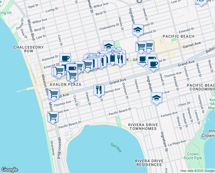 map of restaurants, bars, coffee shops, grocery stores, and more near 1258 Thomas Avenue in San Diego