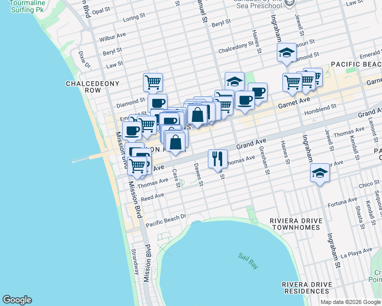 map of restaurants, bars, coffee shops, grocery stores, and more near 1116 Grand Avenue in San Diego