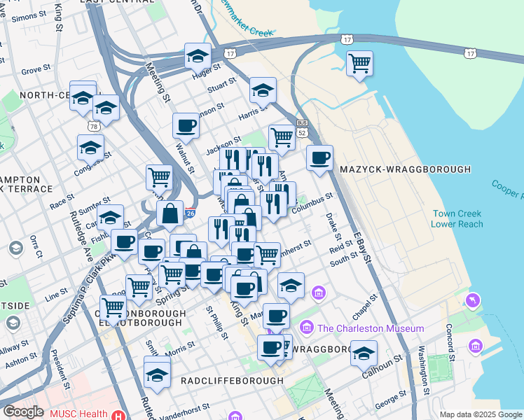 map of restaurants, bars, coffee shops, grocery stores, and more near 45 Hanover Street in Charleston