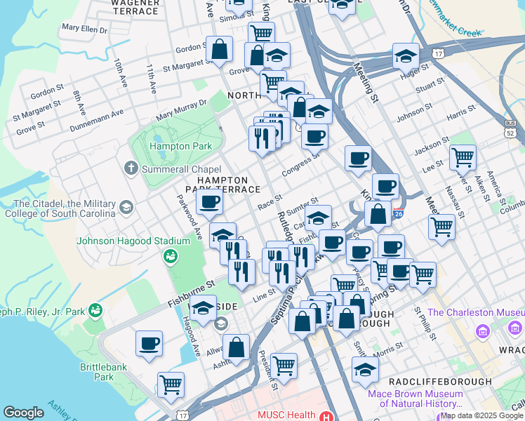 map of restaurants, bars, coffee shops, grocery stores, and more near 346 Ashley Avenue in Charleston