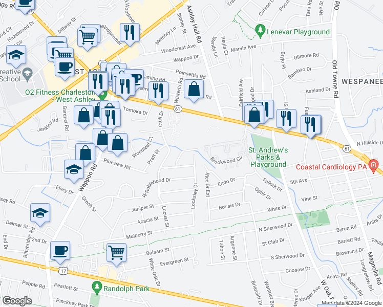 map of restaurants, bars, coffee shops, grocery stores, and more near 1029 Locksley Drive in Charleston