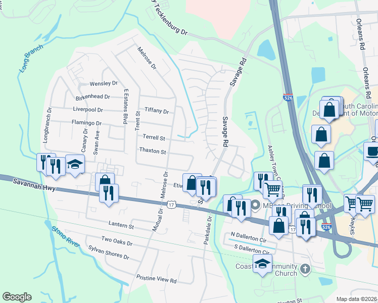 map of restaurants, bars, coffee shops, grocery stores, and more near 770 Catawba Road in Charleston