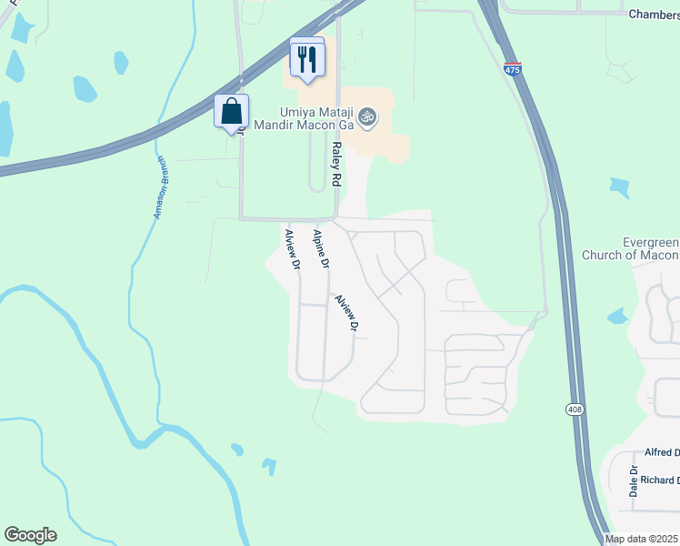 map of restaurants, bars, coffee shops, grocery stores, and more near 128 Alpine Drive in Macon