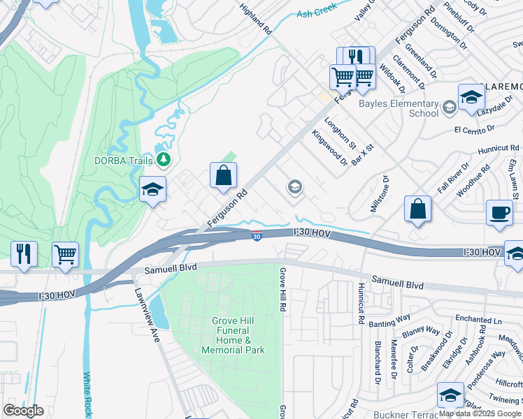 map of restaurants, bars, coffee shops, grocery stores, and more near 7318 Ferguson Road in Dallas