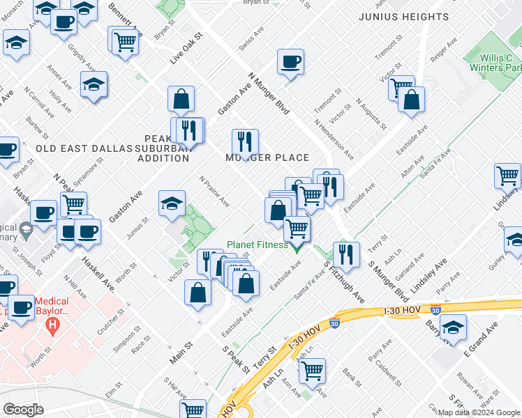 map of restaurants, bars, coffee shops, grocery stores, and more near 4830 Reiger Avenue in Dallas