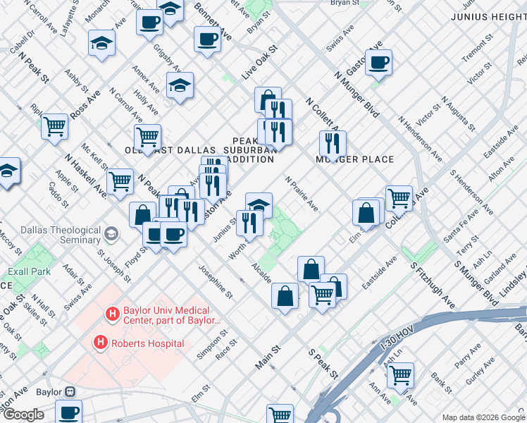 map of restaurants, bars, coffee shops, grocery stores, and more near 4525 Worth Street in Dallas