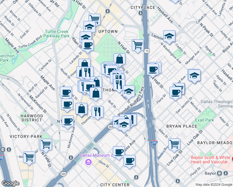 map of restaurants, bars, coffee shops, grocery stores, and more near 2203 Allen Street in Dallas