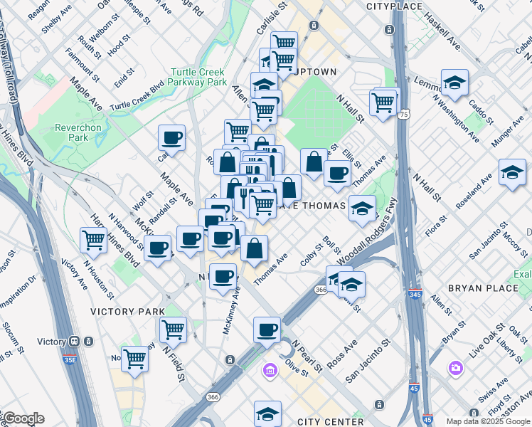 map of restaurants, bars, coffee shops, grocery stores, and more near 2600 Hibernia Street in Dallas