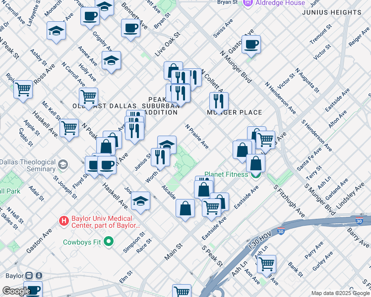 map of restaurants, bars, coffee shops, grocery stores, and more near in Dallas
